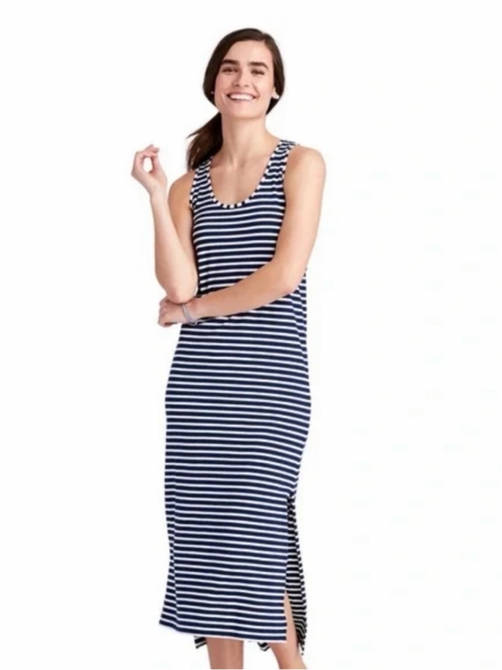 Vineyard Vines Pima Cotton Sleeveless Striped Side Slit Midi Dress White Small